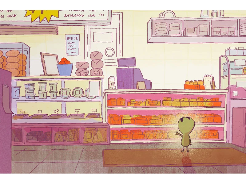 A small green figure stands in a grocery store, looking at shelves filled with brightly colored packaged goods.