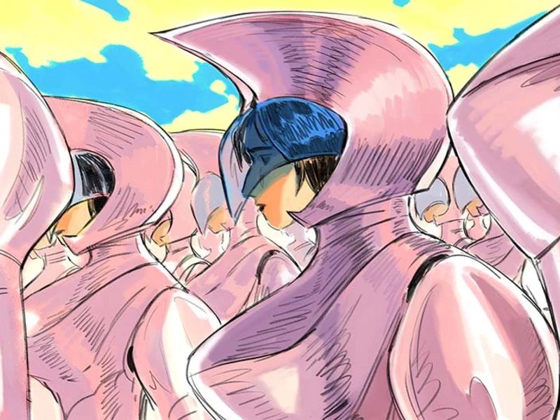 Figures wearing glossy pink helmets with a bright sky background.
