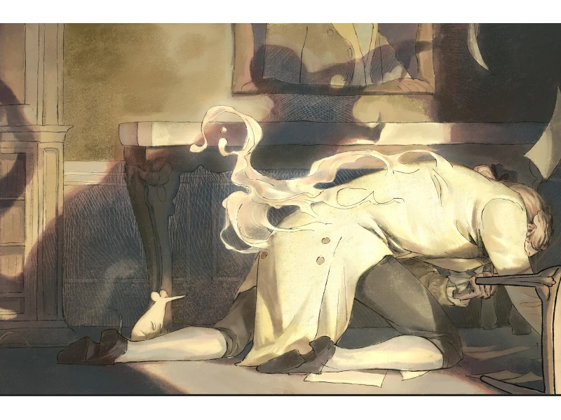 A kneeling figure in a white coat with a ghostly form emerging from their back in a dimly lit room.