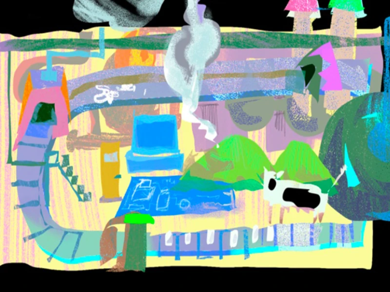 Abstract industrial landscape with colorful geometric shapes, smoke, and a stylized cow.
