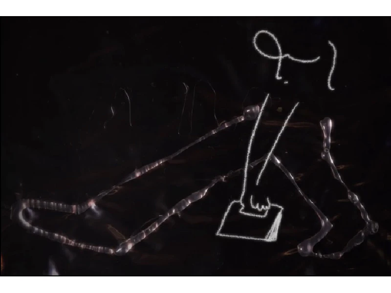 Abstract white line drawing of a figure on a dark background.