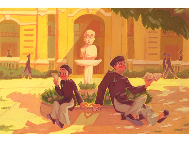 Two people sitting back-to-back on a stone ledge, each reading a book, with a statue and an arched building in the background.