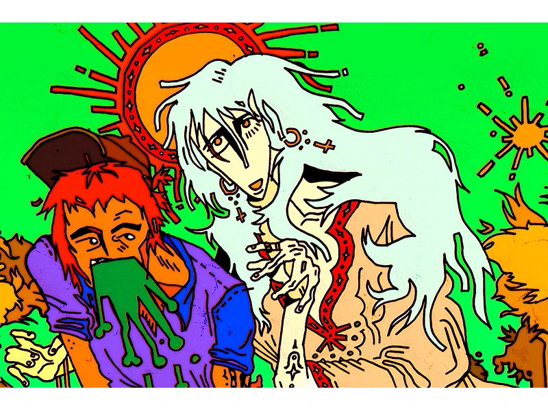 Two stylized characters, one with red hair and another with long white hair, against a green background with sun-like motifs.