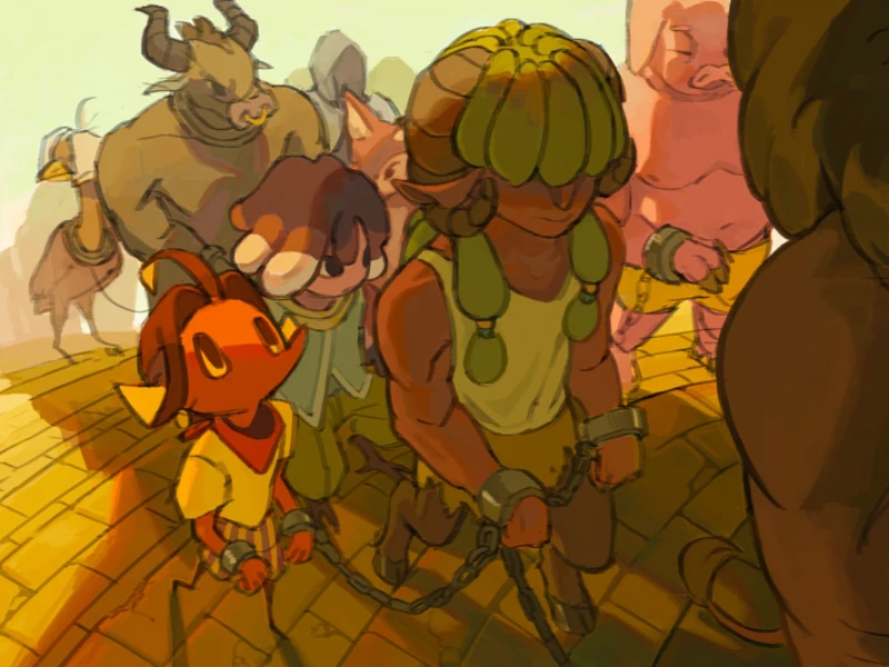 A group of anthropomorphic characters, chained together, walk along a sunlit path.
