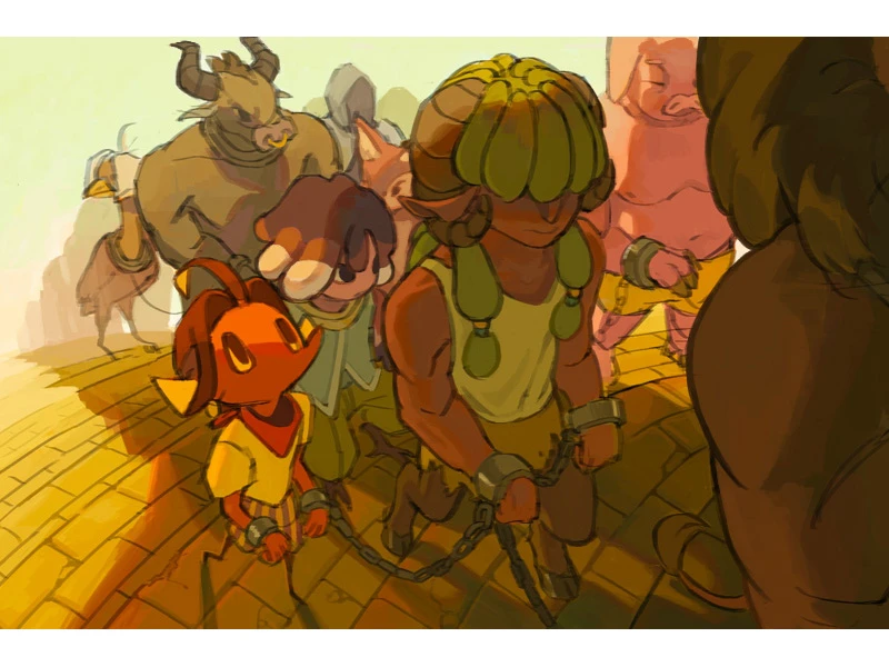 A group of anthropomorphic characters, chained together, walk along a sunlit path.