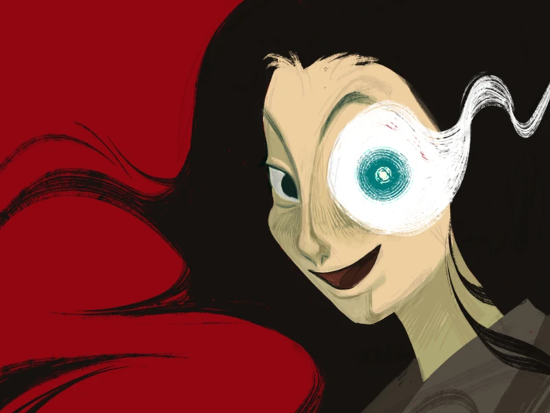 Illustration of a character with swirling hair and a large, patterned eye on a red background.