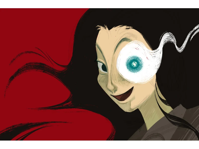 Illustration of a character with swirling hair and a large, patterned eye on a red background.
