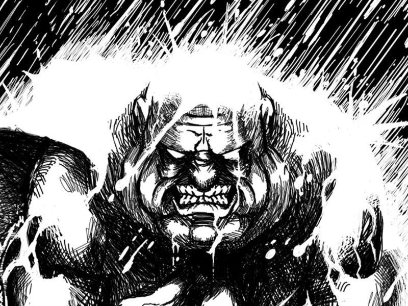 Monochromatic illustration of a fierce-looking muscular figure with rain.