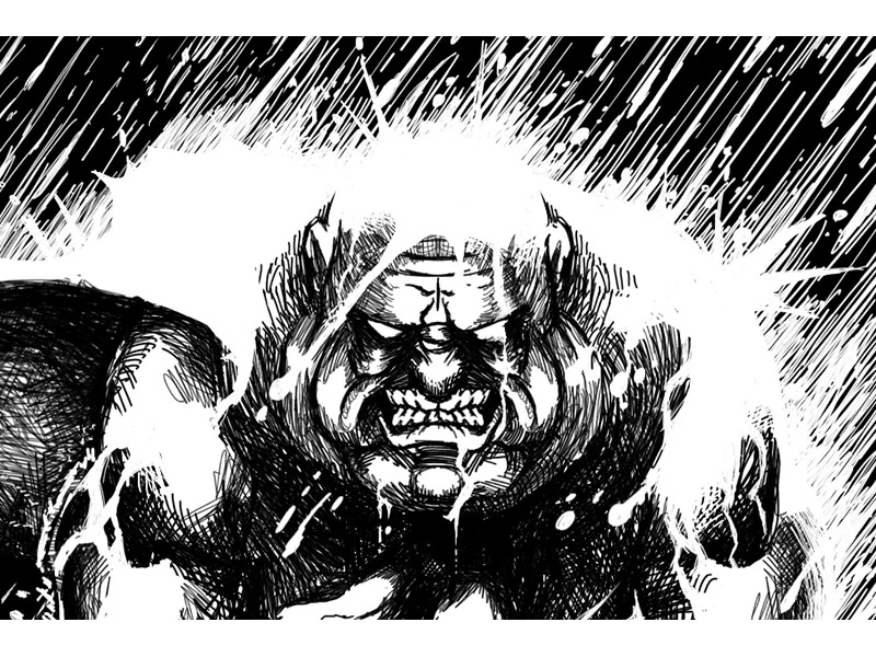 Monochromatic illustration of a fierce-looking muscular figure with rain.