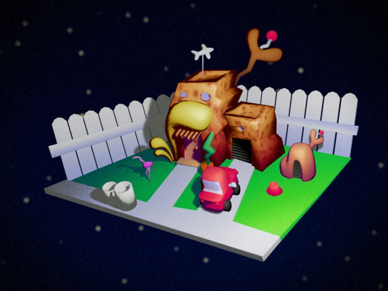 A whimsical cartoon backyard scene with a doghouse-shaped structure, enclosed by a white picket fence.