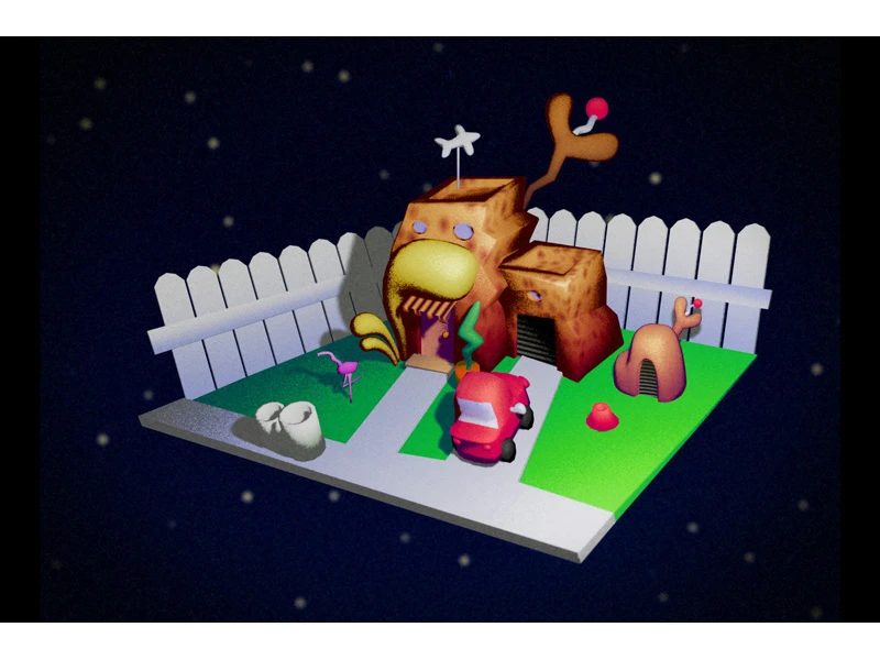 A whimsical cartoon backyard scene with a doghouse-shaped structure, enclosed by a white picket fence.