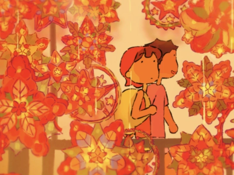 Two animated figures surrounded by colorful star-shaped ornaments.