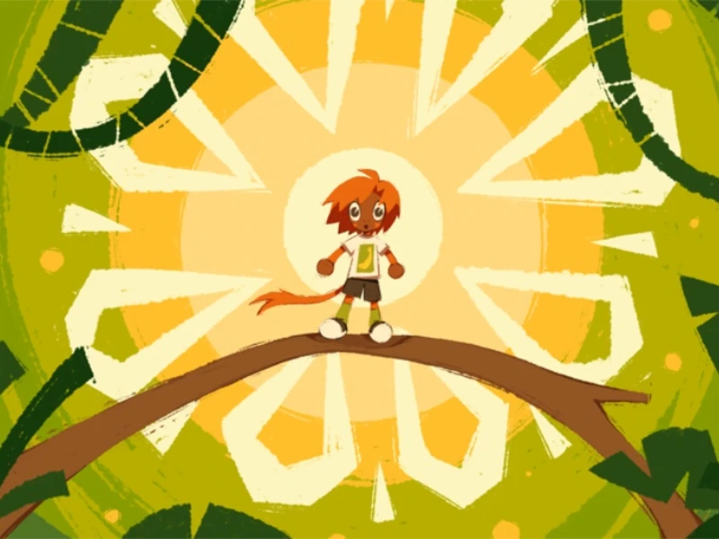 Cartoon character on a tree branch against a sunburst and green foliage background.