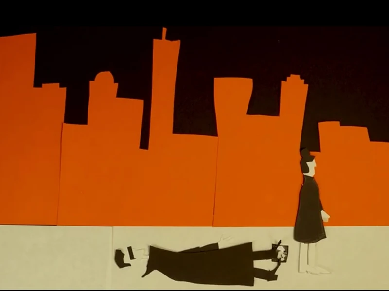 Silhouette cutouts of a city skyline and two figures, one lying down and one standing, with a small bird nearby.