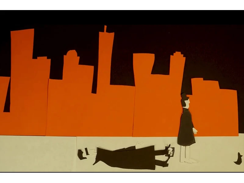 Silhouette cutouts of a city skyline and two figures, one lying down and one standing, with a small bird nearby.