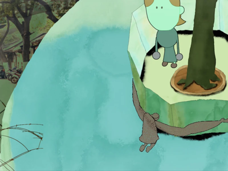 A cartoon character near a tree with an abstract background including a faint street scene.