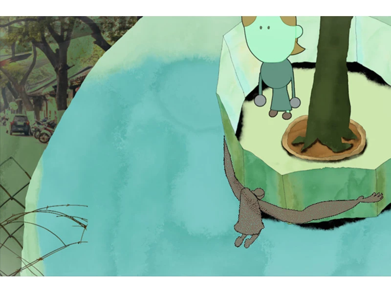 A cartoon character near a tree with an abstract background including a faint street scene.