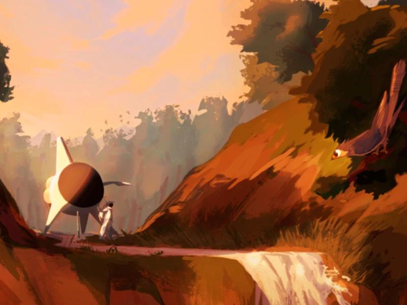 A spacecraft and a figure stand by a cliffside waterfall at sunset, with a bird flying overhead.