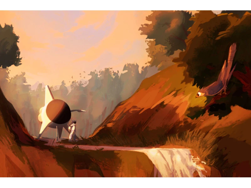 A spacecraft and a figure stand by a cliffside waterfall at sunset, with a bird flying overhead.