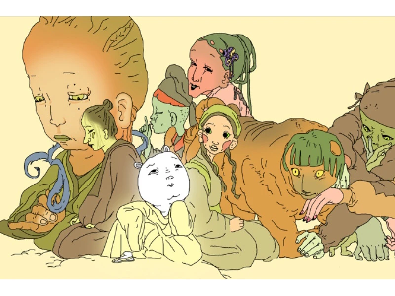 Group of stylized humanoid figures with diverse, cartoonish features sitting together.