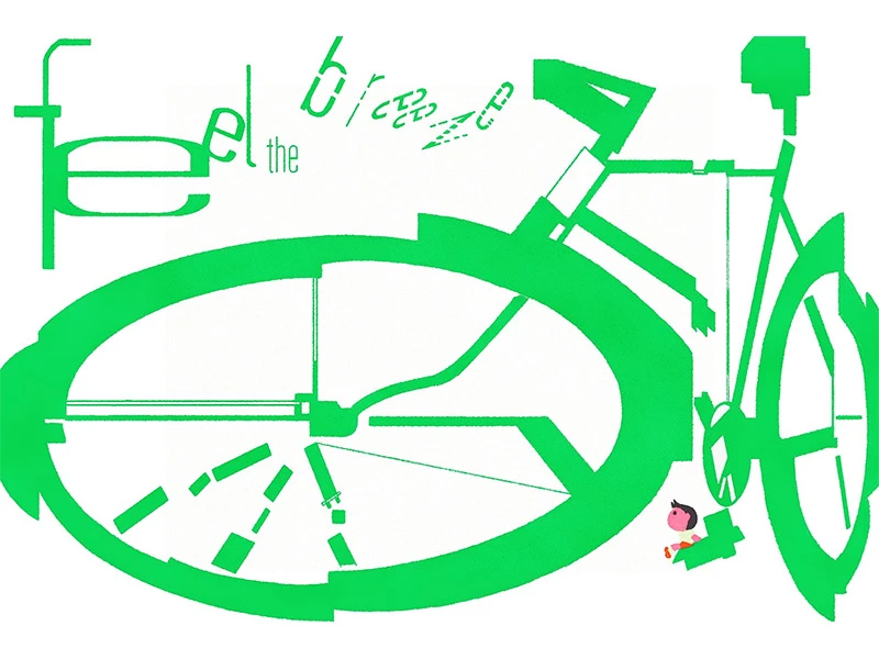 An abstract green bicycle with the text "feel the breeze" above it.