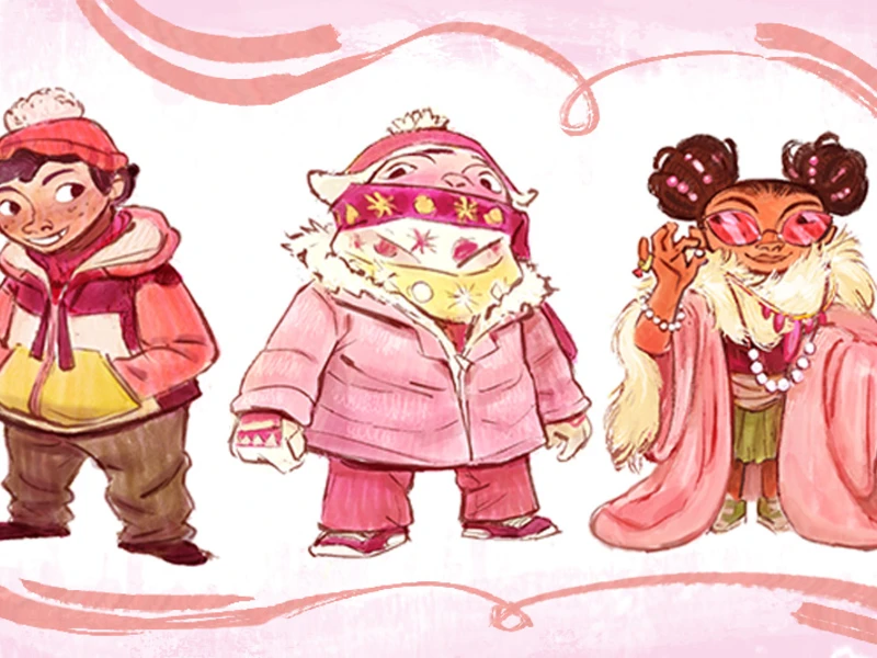 Three cartoon characters in colorful winter attire against a pink background.