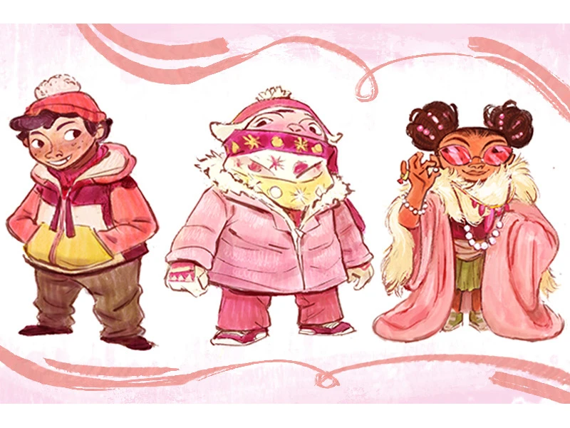 Three cartoon characters in colorful winter attire against a pink background.