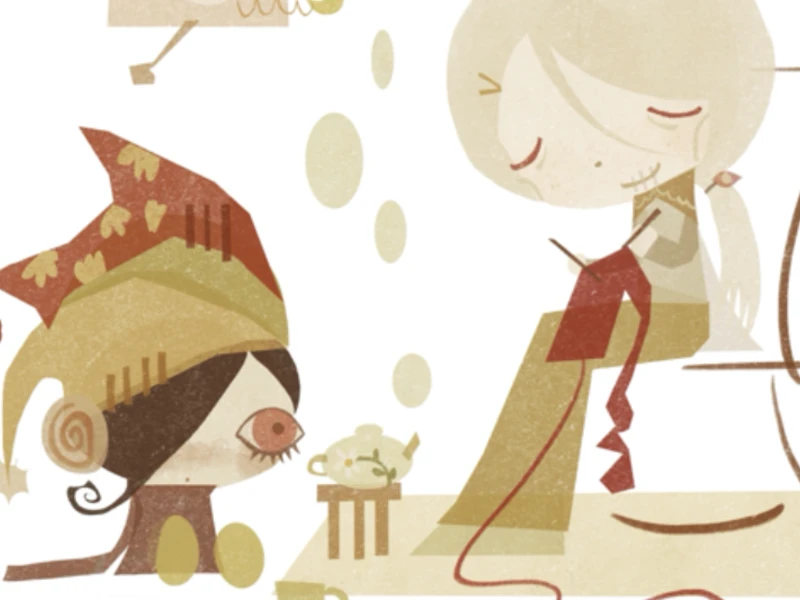 Whimsical illustration of two characters, one in a jester hat and the other knitting.