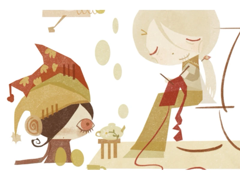 Whimsical illustration of two characters, one in a jester hat and the other knitting.