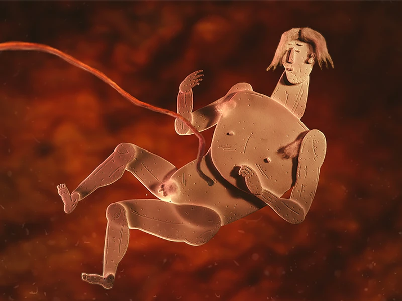 Abstract depiction of a humanoid fetus with an umbilical cord against a fiery background.