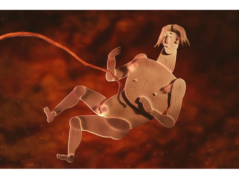 Abstract depiction of a humanoid fetus with an umbilical cord against a fiery background.