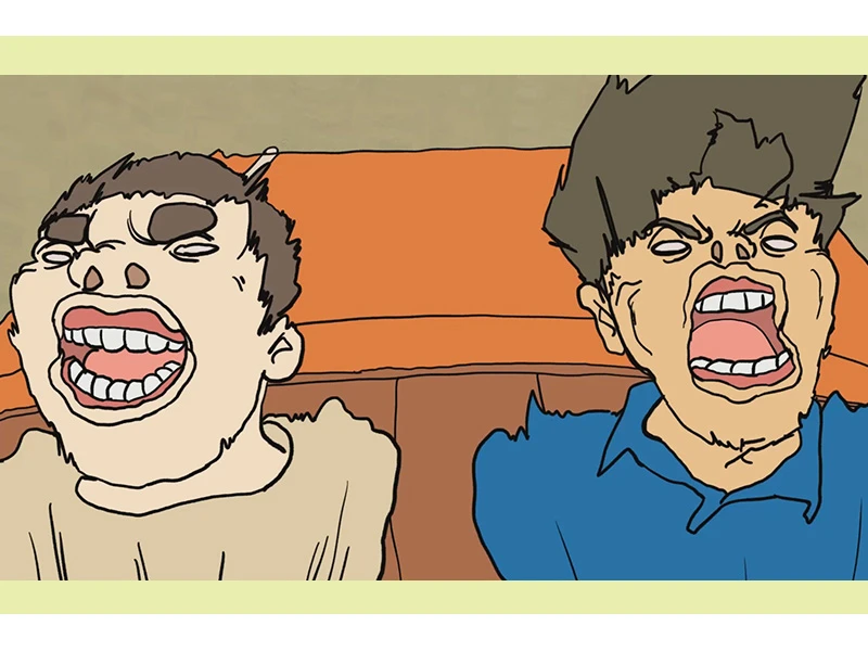 Cartoon illustration of two characters with exaggerated expressions.