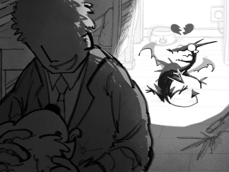 Man in suit cuddling a dog with a creature in the background reacting in surprise.