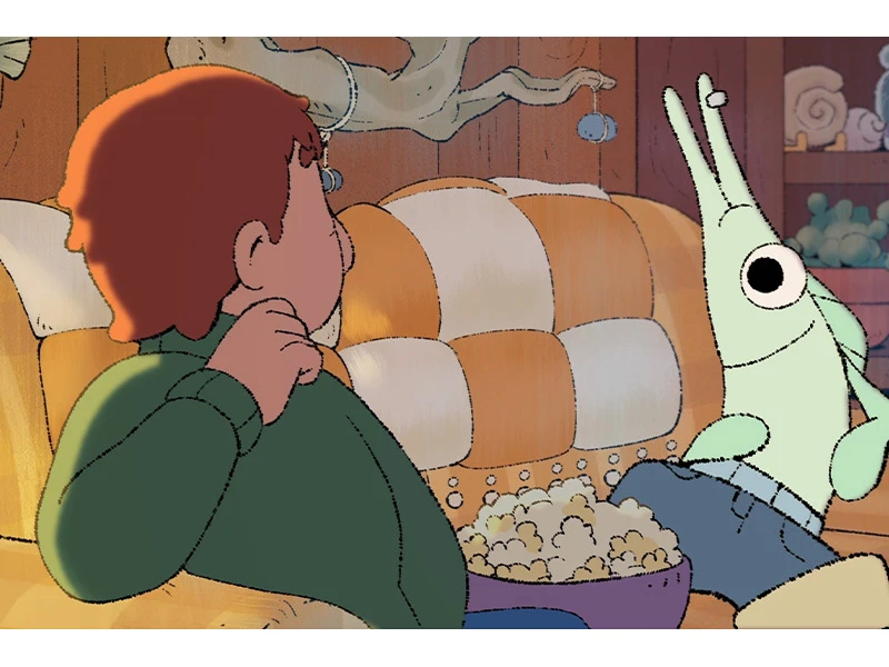 Two animated characters sitting on a checkered sofa with a bowl of popcorn.
