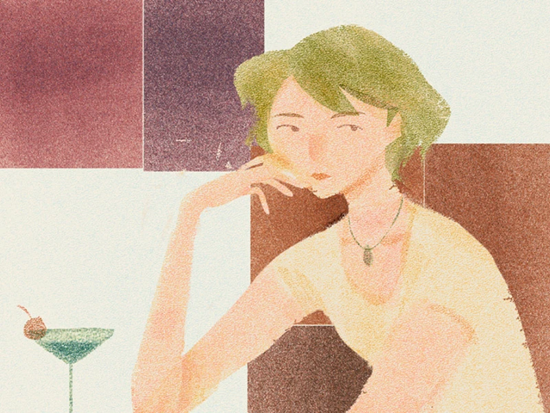 Illustration of a person with green hair and a martini glass, set against a geometric background.