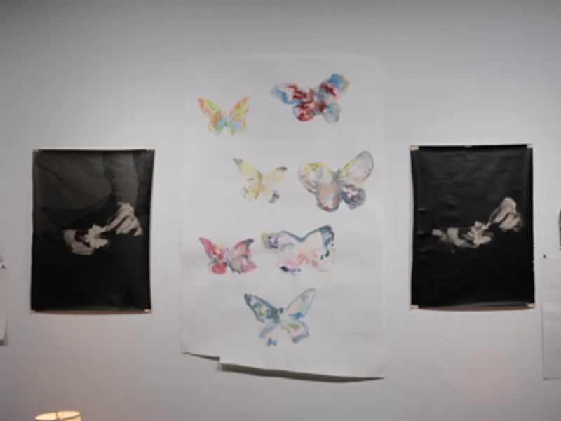Artwork on a wall featuring watercolor butterflies and grayscale images of hands.
