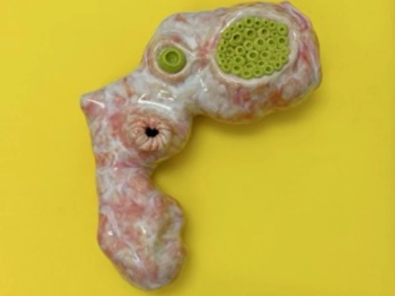 Organic sculptural object with marbled pink and white texture, featuring green honeycomb detail, on a yellow background.