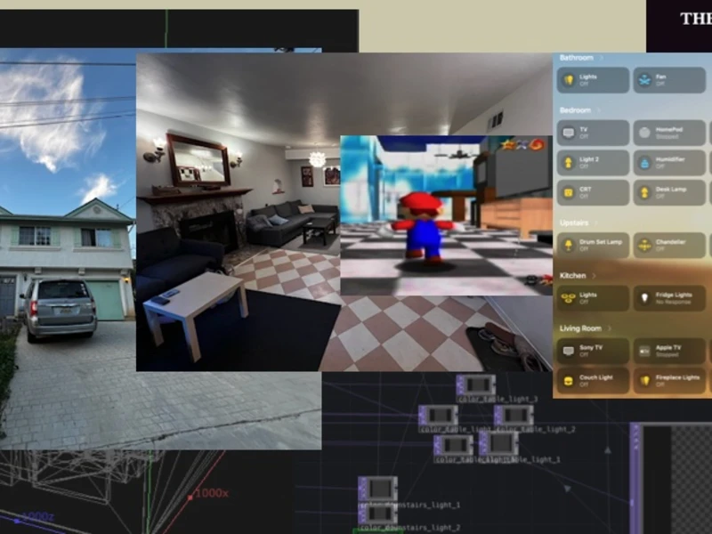 A collage featuring a house, a living room, a video game character, and smart home controls.