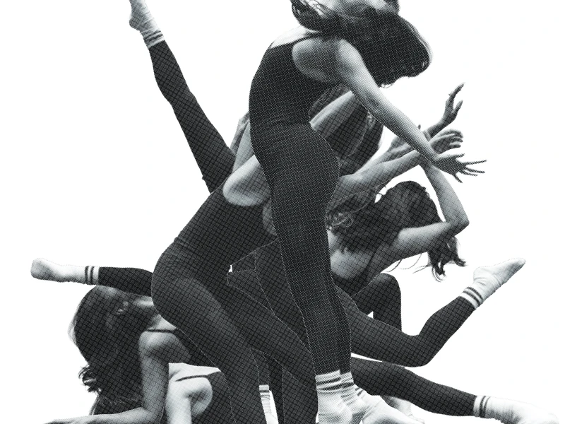 A black and white image of a dancer in overlapping poses with text above and below.