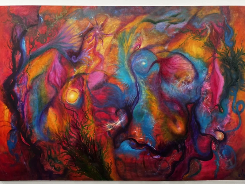 Abstract painting with vibrant swirls of red, blue, and orange, featuring fluid shapes and a bright central orb.