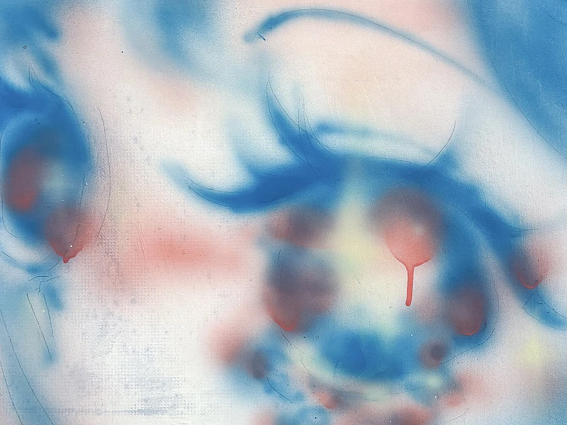 Abstract artwork with swirling blue and red colors on a light background.