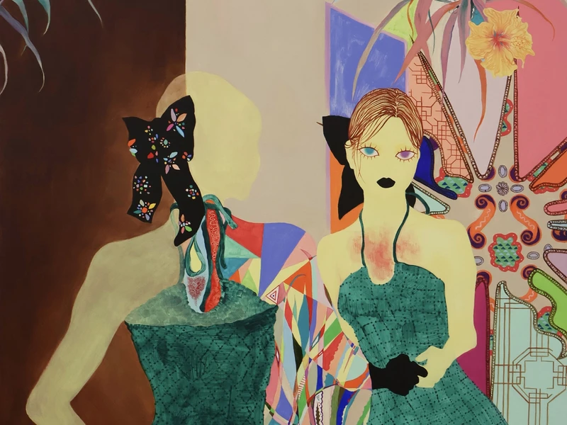 Two stylized female figures in teal dresses with a colorful abstract background.
