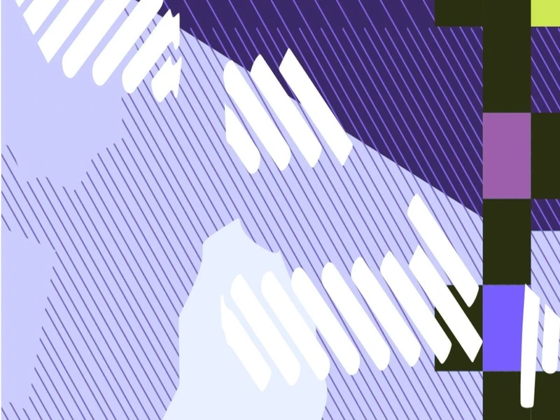 An abstract geometric composition in shades of lavender, purple, white, and lime green, featuring diagonal striped textures, layered organic shapes, and vertical block elements along the right edge.