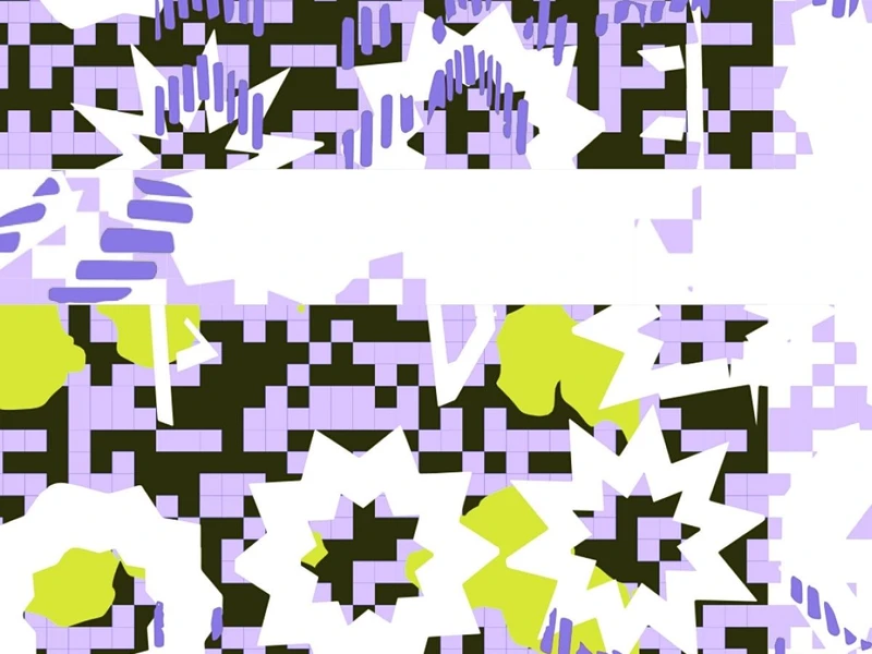 An abstract geometric pattern featuring lavender grid blocks, black checker-like shapes, white starburst forms, and bright lime green organic accents arranged in a layered, collage-style composition.