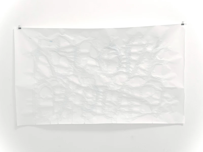 White sheet of paper with an embossed, irregular pattern, clipped to a wall.