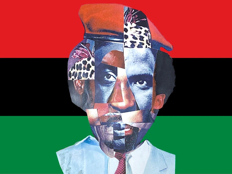 Collage of fragmented face with red beret on red, black, and green striped background.