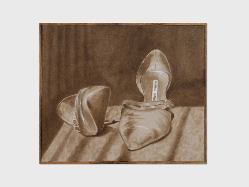 Sepia-toned illustration of two elegant high-heeled shoes with a smooth background.