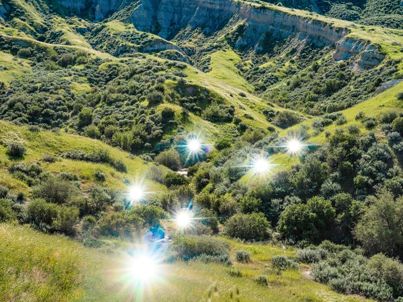 Green valley landscape with sunlight reflections.