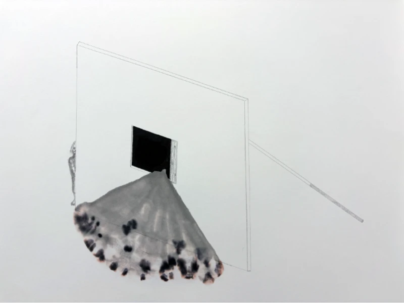 An abstract scene with a wall, window, shadow, and sketch of a figure.