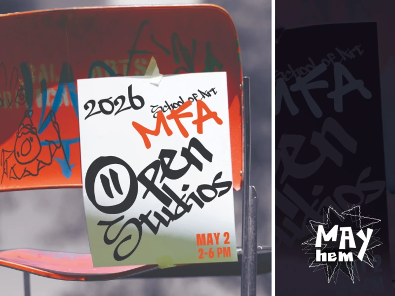 A graffiti-covered orange chair with a flyer advertising "2026 School of Art MFA Open Studios" event.